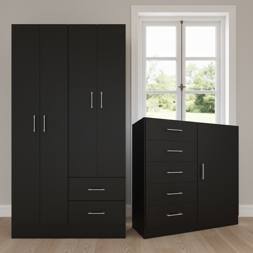 Guarda-Roupa 4 Portas Panamá 4002 + Cômoda 5 Gavetas Sapateira Miami Preto – FELLICCI