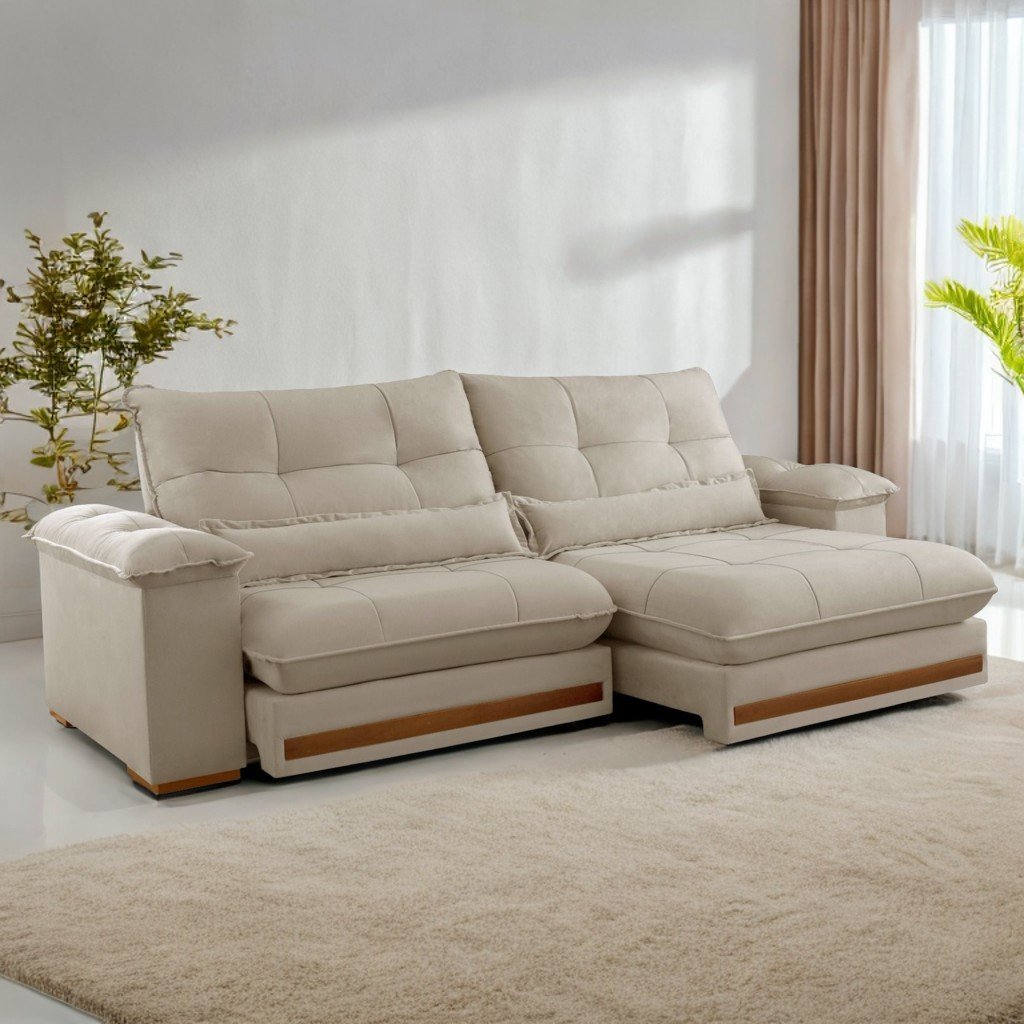 Sofá Retrátil e Reclinável Qatar 2,50 m Veludo Marfim B015 – TREVO ESTOFADOS