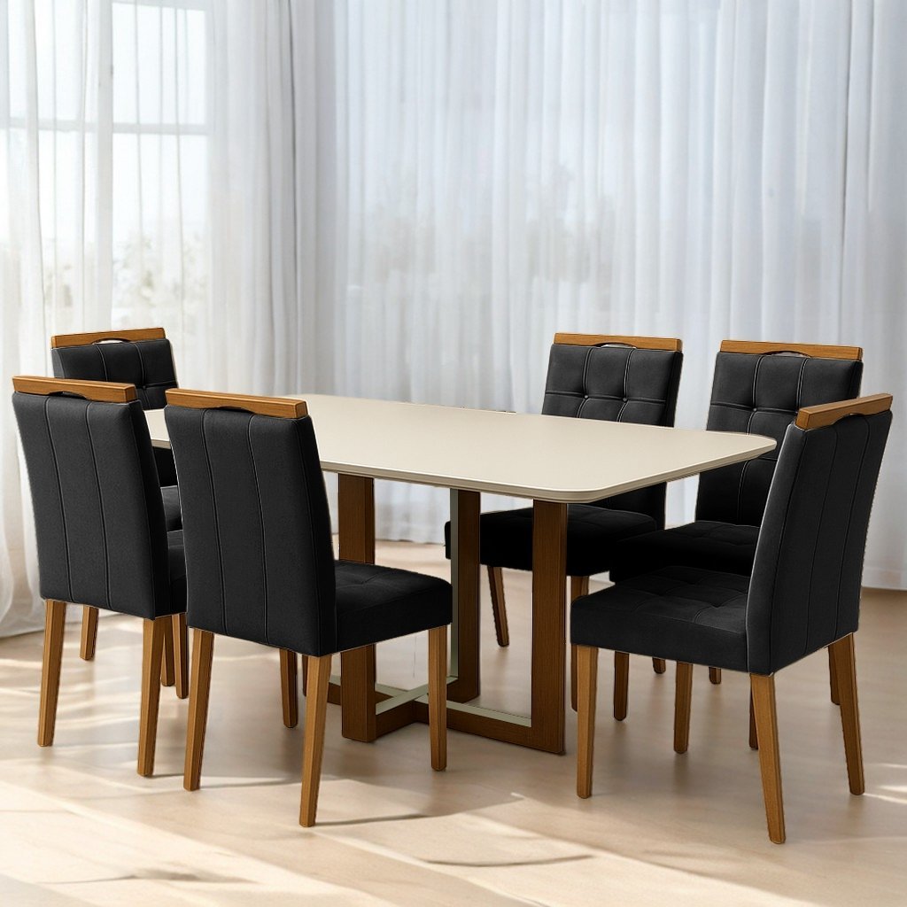 Mesa Atlas Mel/Off White Canto Copo 160×80 com 6 Cadeiras Sophia Veludo Preto – ART ASSENTOS + WM DECOR