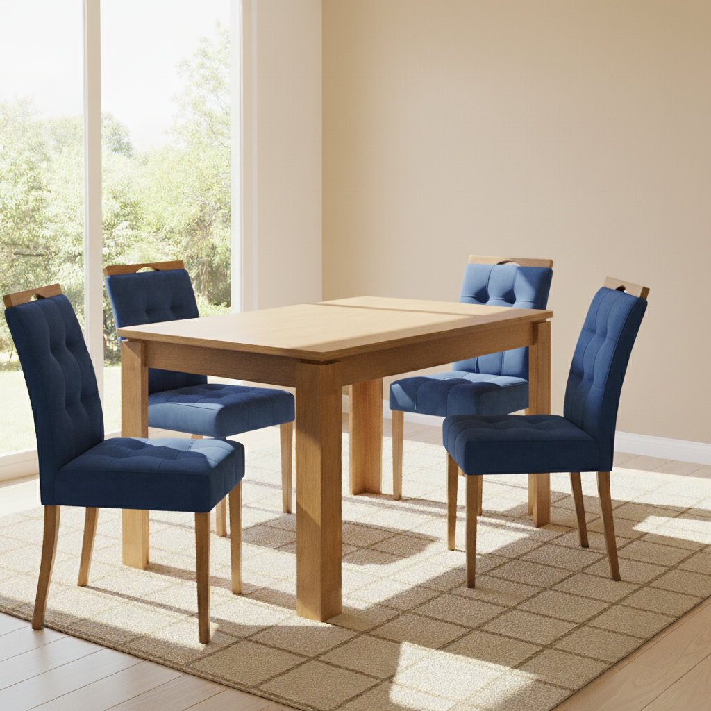 Mesa Athenas 120 Amêndoa Clean com 4 Cadeiras Sophia Veludo Azul – LOPAS