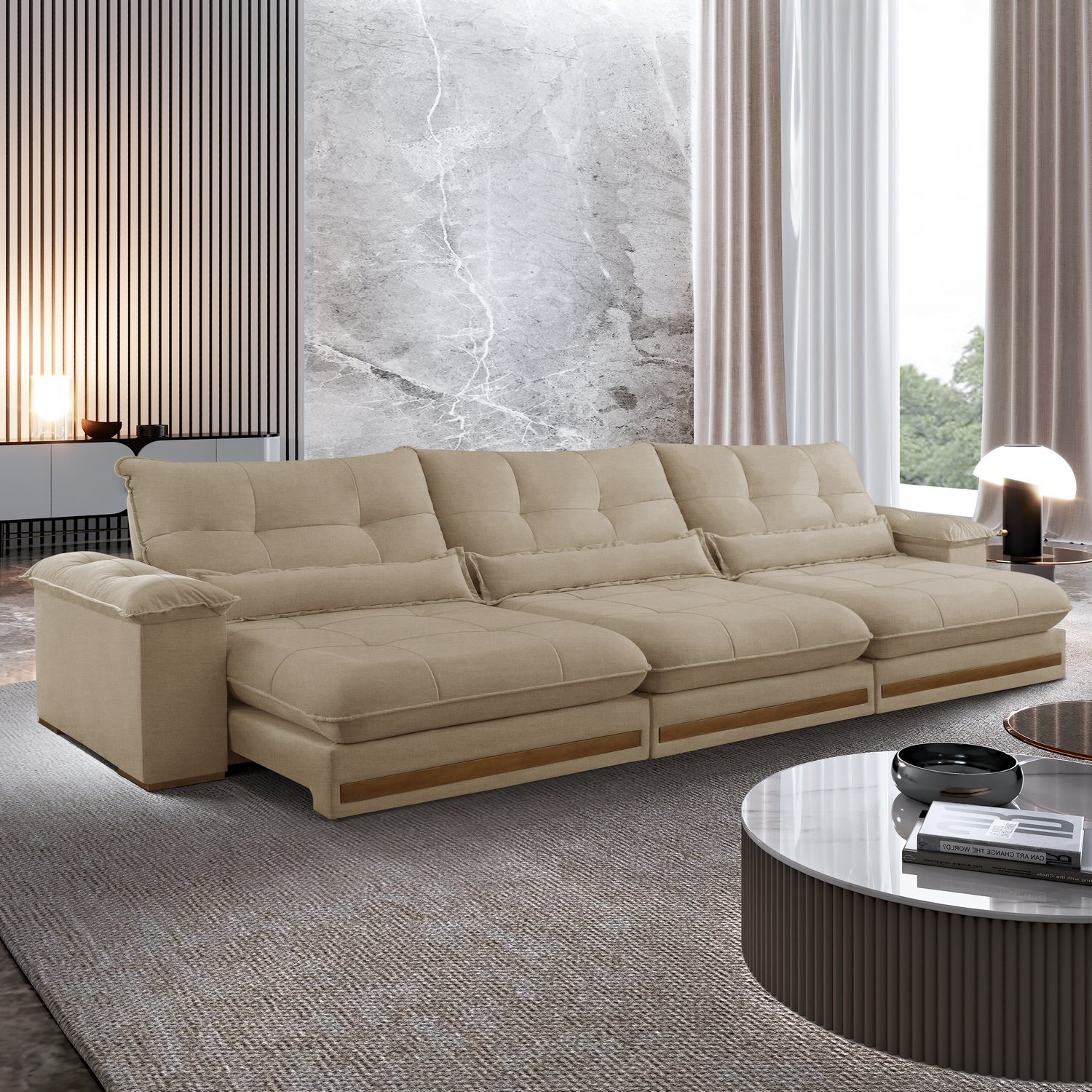Sofá Retrátil e Reclinável Qatar 3,50 m Linho Bege A227 – TREVO ESTOFADOS