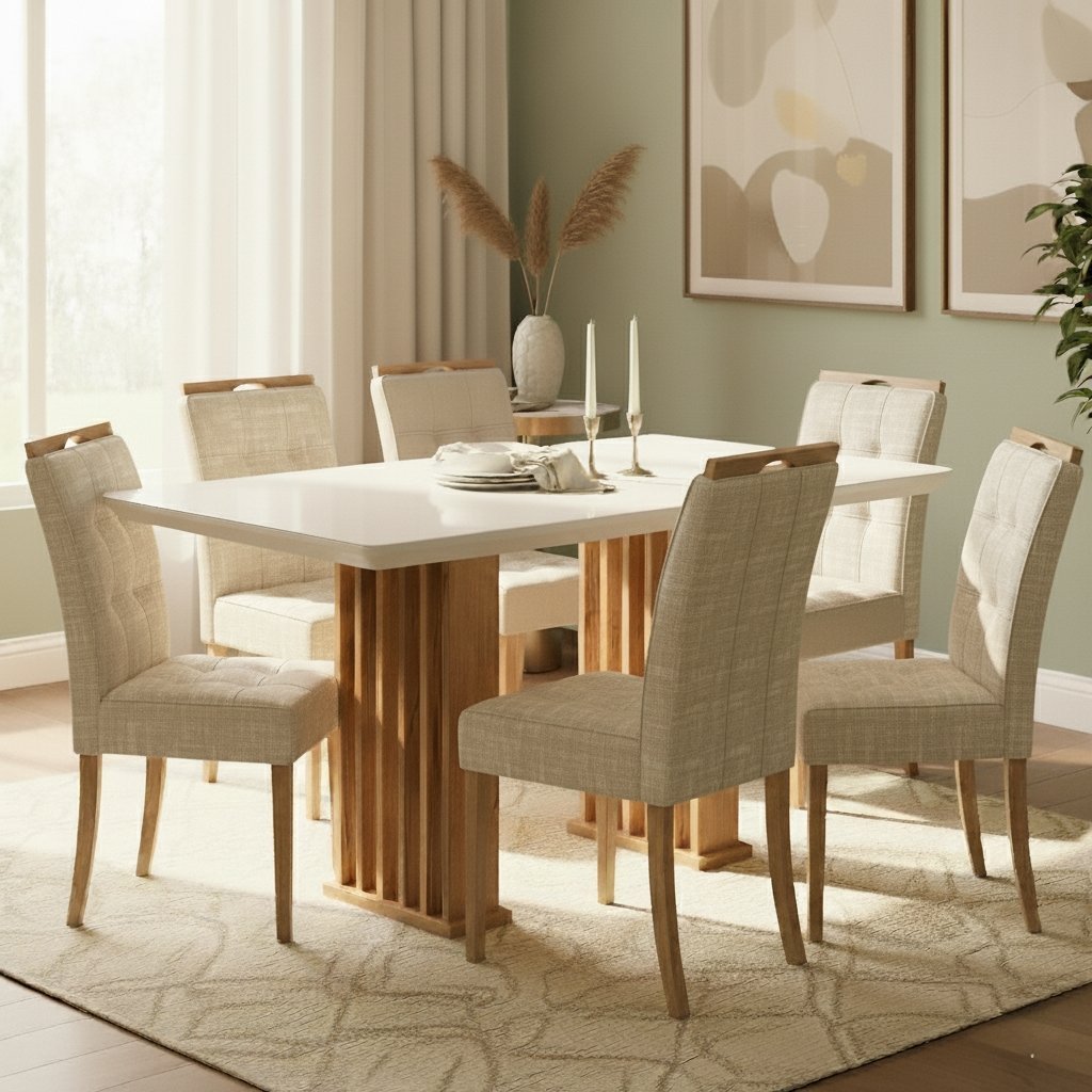 Mesa Mona/Munique 160 Mel/Blonde Off White com 6 Cadeiras Sophia Linho Bege 200 – VIERO MÓVEIS + WM DECOR