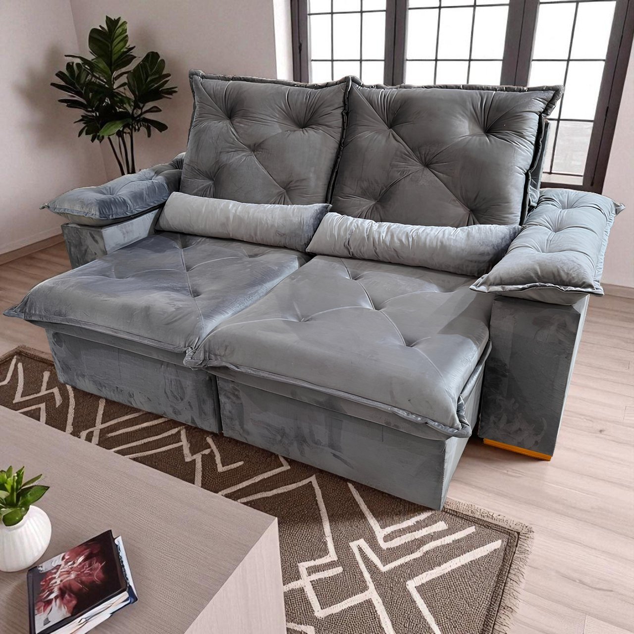 Sofá Retrátil e Reclinável Porto Madero 2,00 m Veludo Cinza Grafite – IMPERIAL DECOR