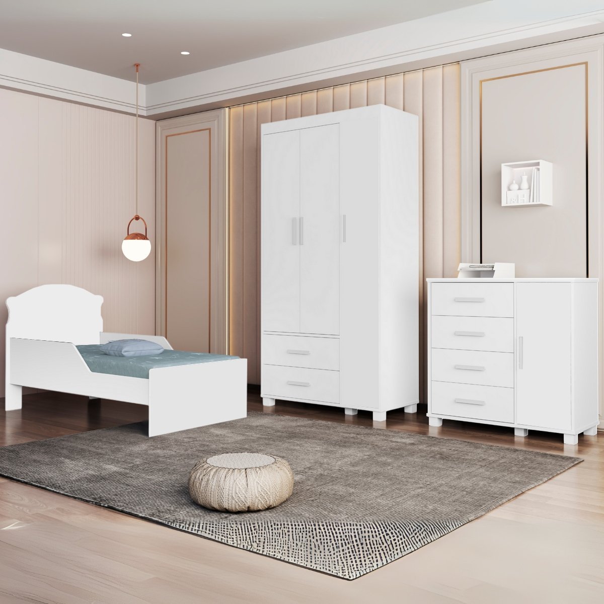 Guarda-Roupa 3 Portas Lívia + Cômoda 4 Gavetas com Sapateira Lívia + Mini Cama Juvenil Lívia Branco(Sem adesivo) – MADEC/VJ MÓVEIS
