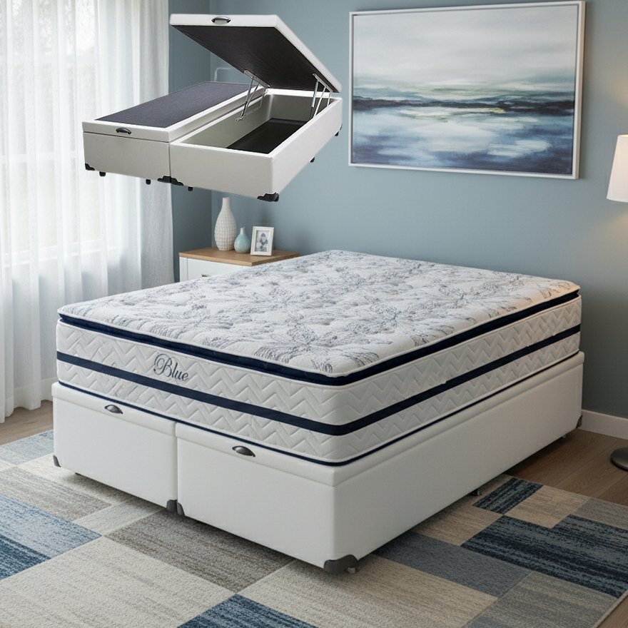 Colchão Queen Blue + Base Box Baú Branco – PAROPAS/BIOSTAR