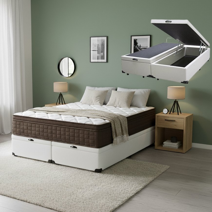 Colchão Queen Star One D28/AG D70 + Base Box Baú Corino Branco – ANJOS COLCHÕES + ALTO NÍVEL CAMAS E COLCHÕES