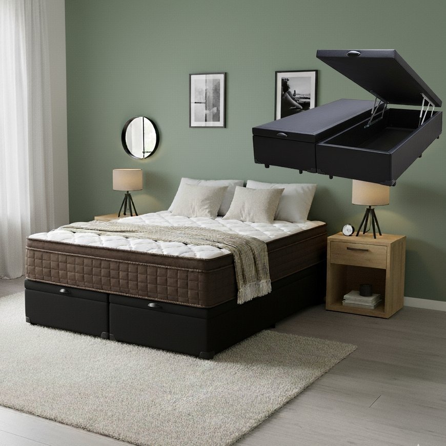 Colchão Queen Star One D28/AG D70 + Base Box Baú Corino Preto – ANJOS COLCHÕES + ALTO NÍVEL CAMAS E COLCHÕES