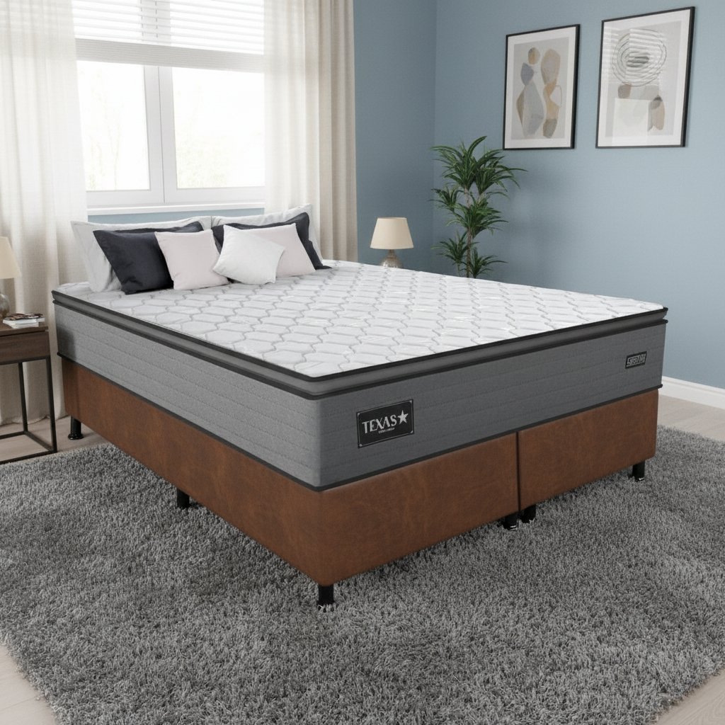 Colchão Queen Texas D28 + Base Box Simples Corino Marrom – GAZIN COLCHÕES + ALTO NÍVEL CAMAS E COLCHÕES