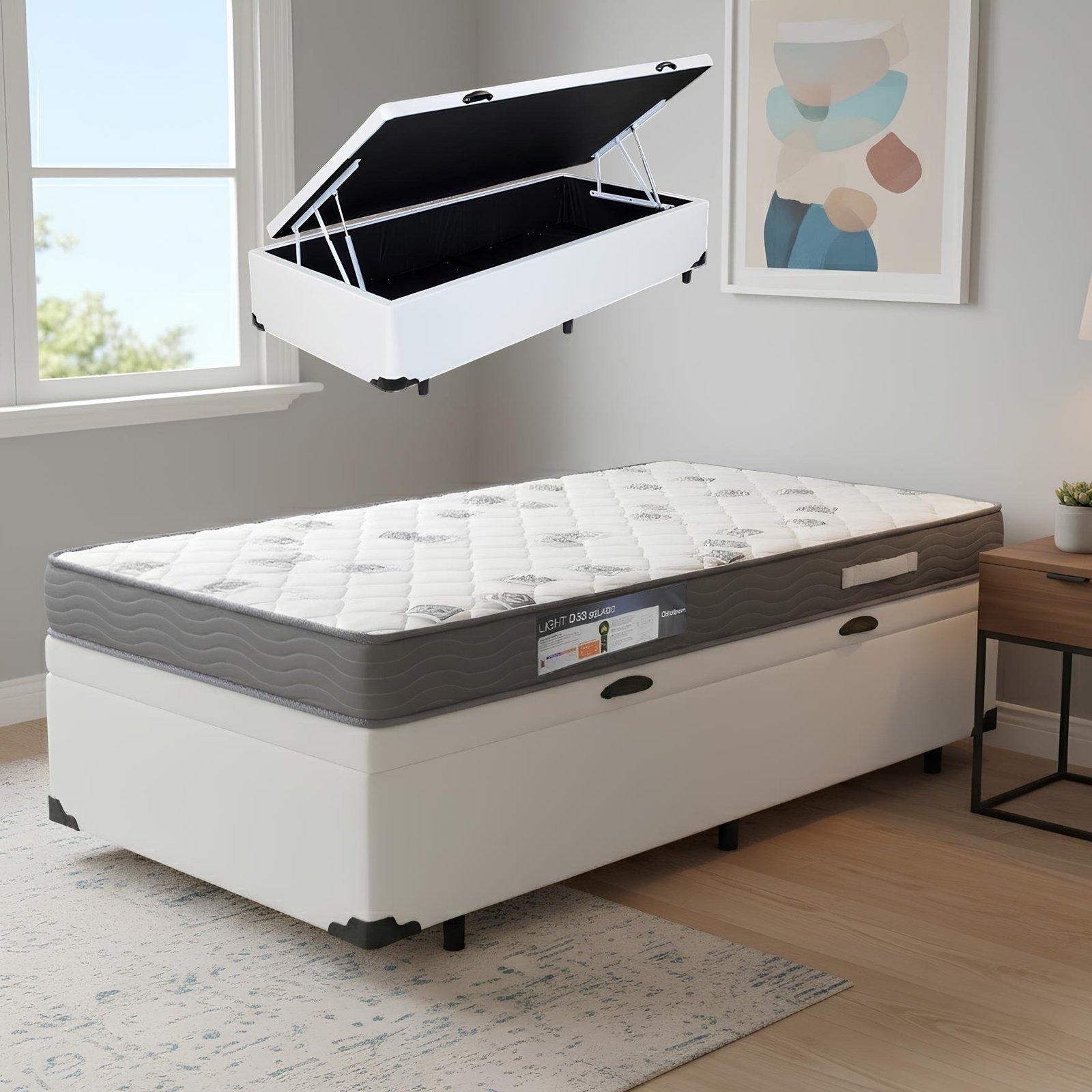 Colchão Solteiro Light D33 + Base Box Baú Branco – ORTOBOM + BIOSTAR