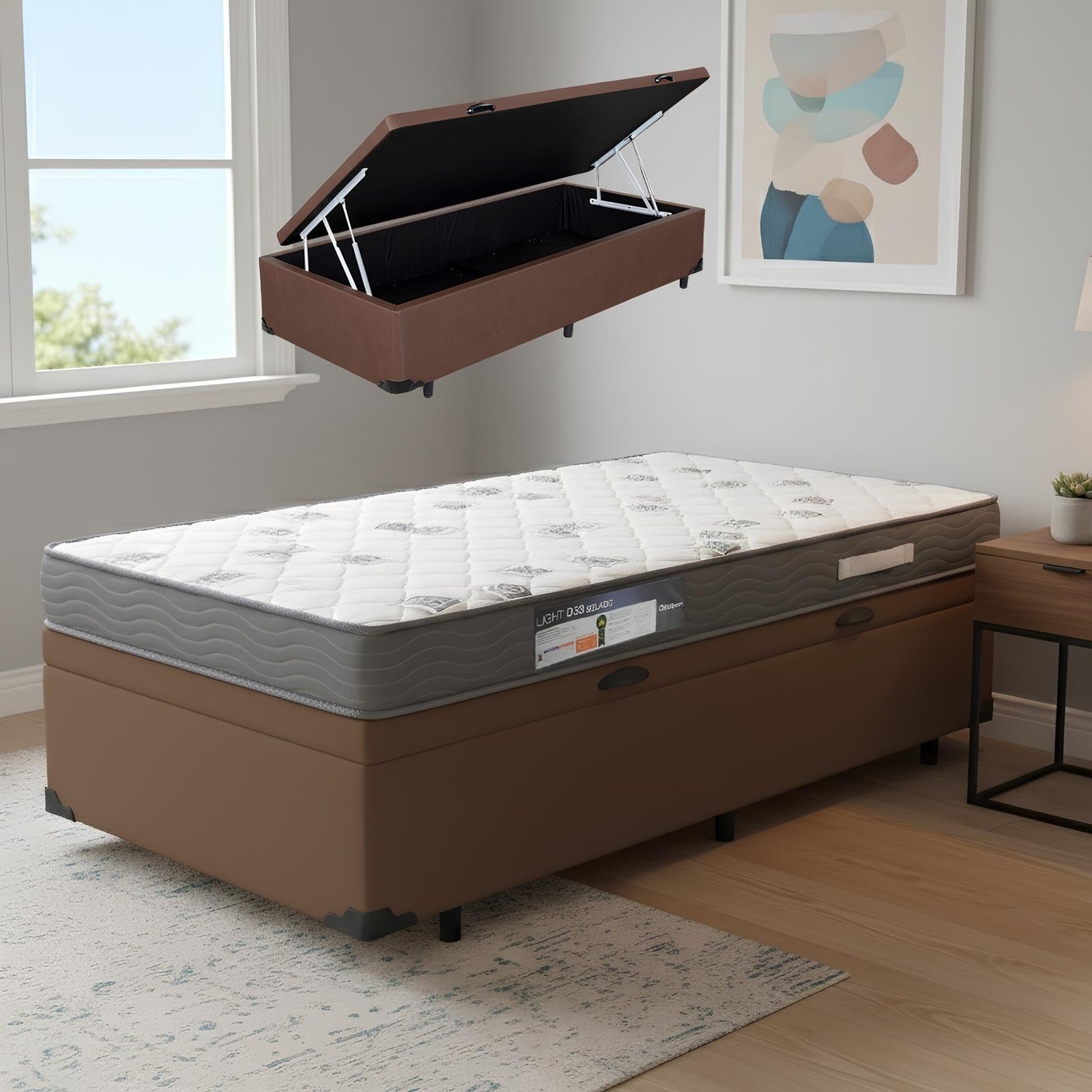 Colchão Solteiro Light D33 + Base Box Baú Avalon Corino Marrom – ORTOBOM + ALTO NÍVEL CAMAS E COLCHÕES
