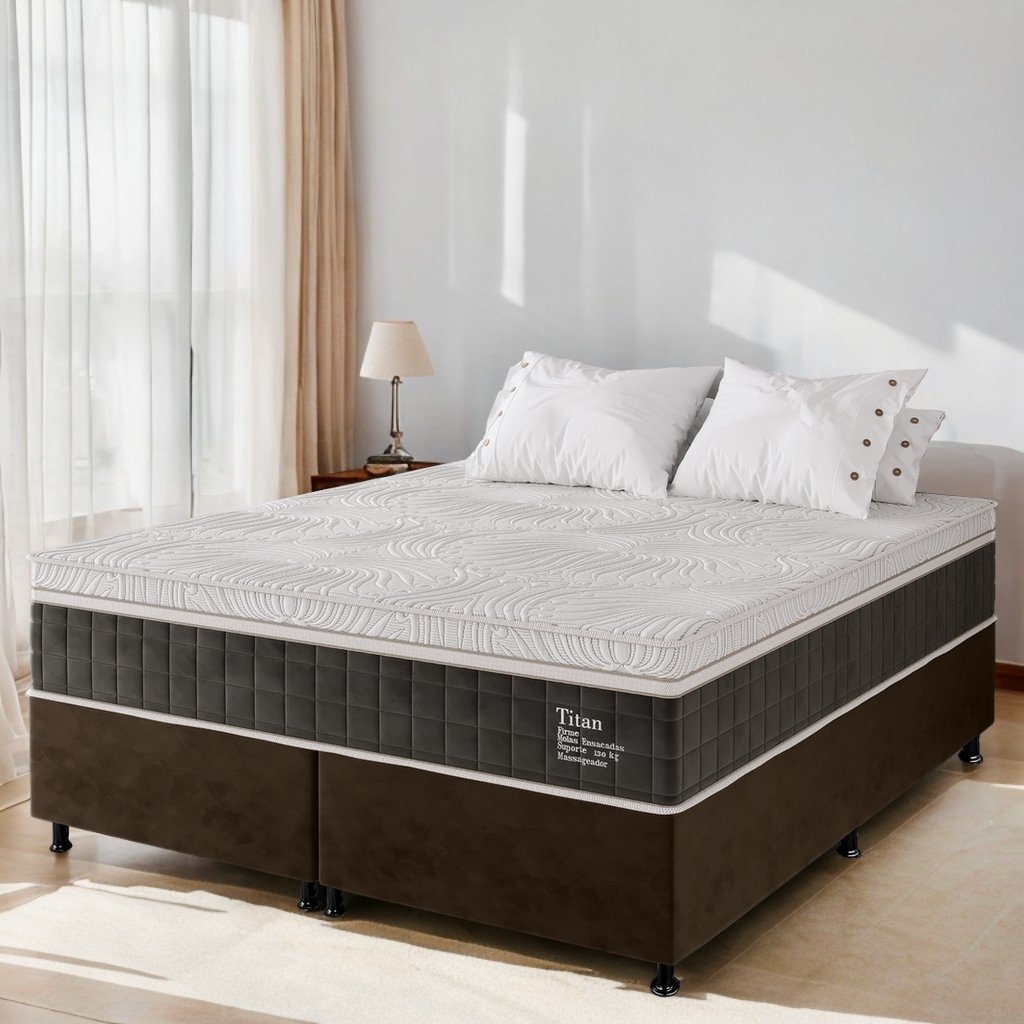 Colchão Queen Terapêutico Massageador Titan D28 + Base Box Simples Corino Marrom – VIERO MÓVEIS + ALTO NÍVEL CAMAS E COLCHÕES