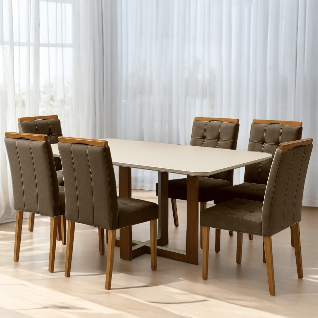 Mesa Atlas Mel/Off White Canto Copo 160×80 com 6 Cadeiras Sophia Veludo Marrom – ART ASSENTOS + WM DECOR