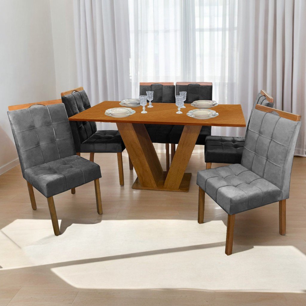 Mesa Classic 160 Cinamomo Laminado com 6 Cadeiras Sophia Mel/Veludo Cinza Grafite – CEL MÓVEIS + WM DECOR