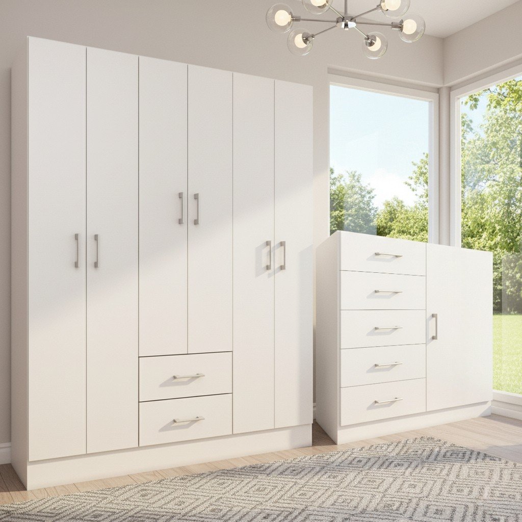 Guarda-Roupa 6 Portas Jamaica 6002 + Cômoda 5 Gavetas Sapateira Miami Branco – FELLICCI