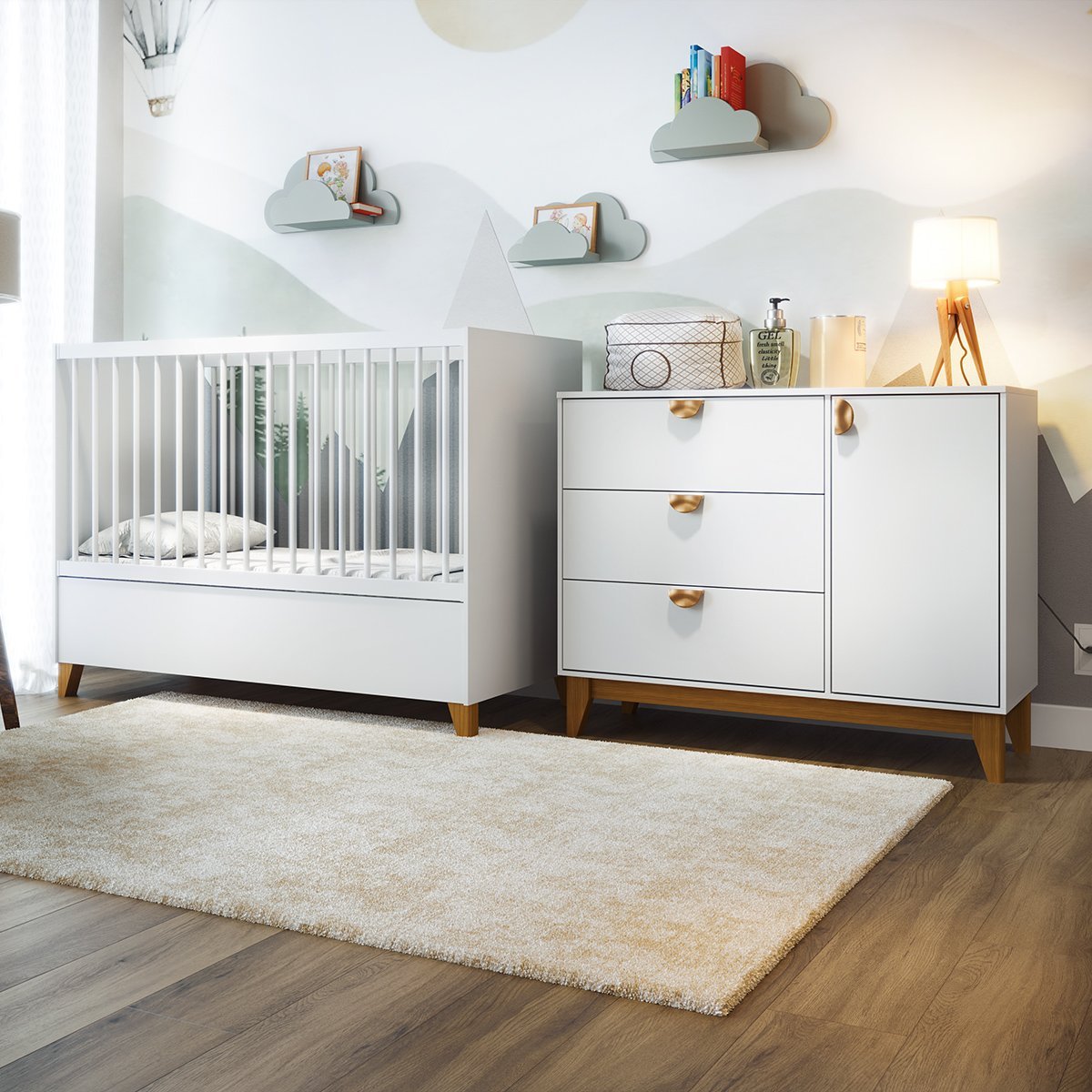 Cômoda 3 Gavetas com Porta + Berço Americano Magia Branco – BATROL MÓVEIS