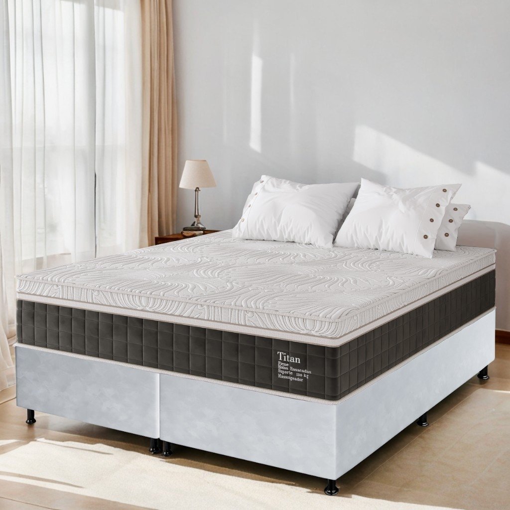 Colchão Queen Terapêutico Massageador Titan D28 + Base Box Simples Corino Branco – VIERO MÓVEIS + ALTO NÍVEL CAMAS E COLCHÕES