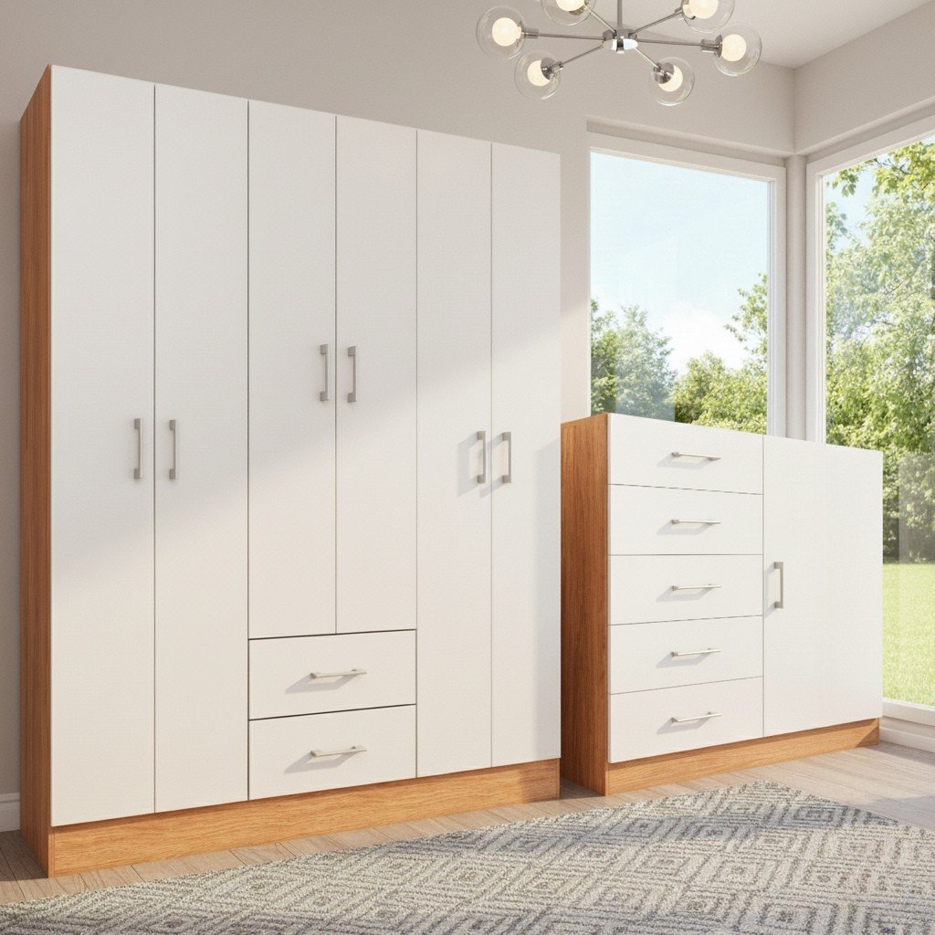 Guarda-Roupa 6 Portas Jamaica 6002 + Cômoda 5 Gavetas Sapateira Miami Cinamono/Off White – FELLICCI