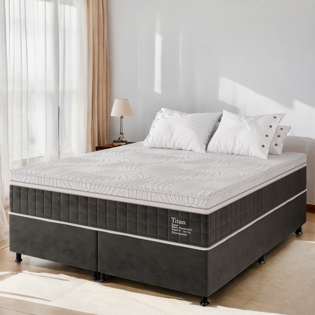 Colchão Queen Terapêutico Massageador Titan D28 + Base Box Simples Corino Preto – VIERO MÓVEIS + ALTO NÍVEL CAMAS E COLCHÕES