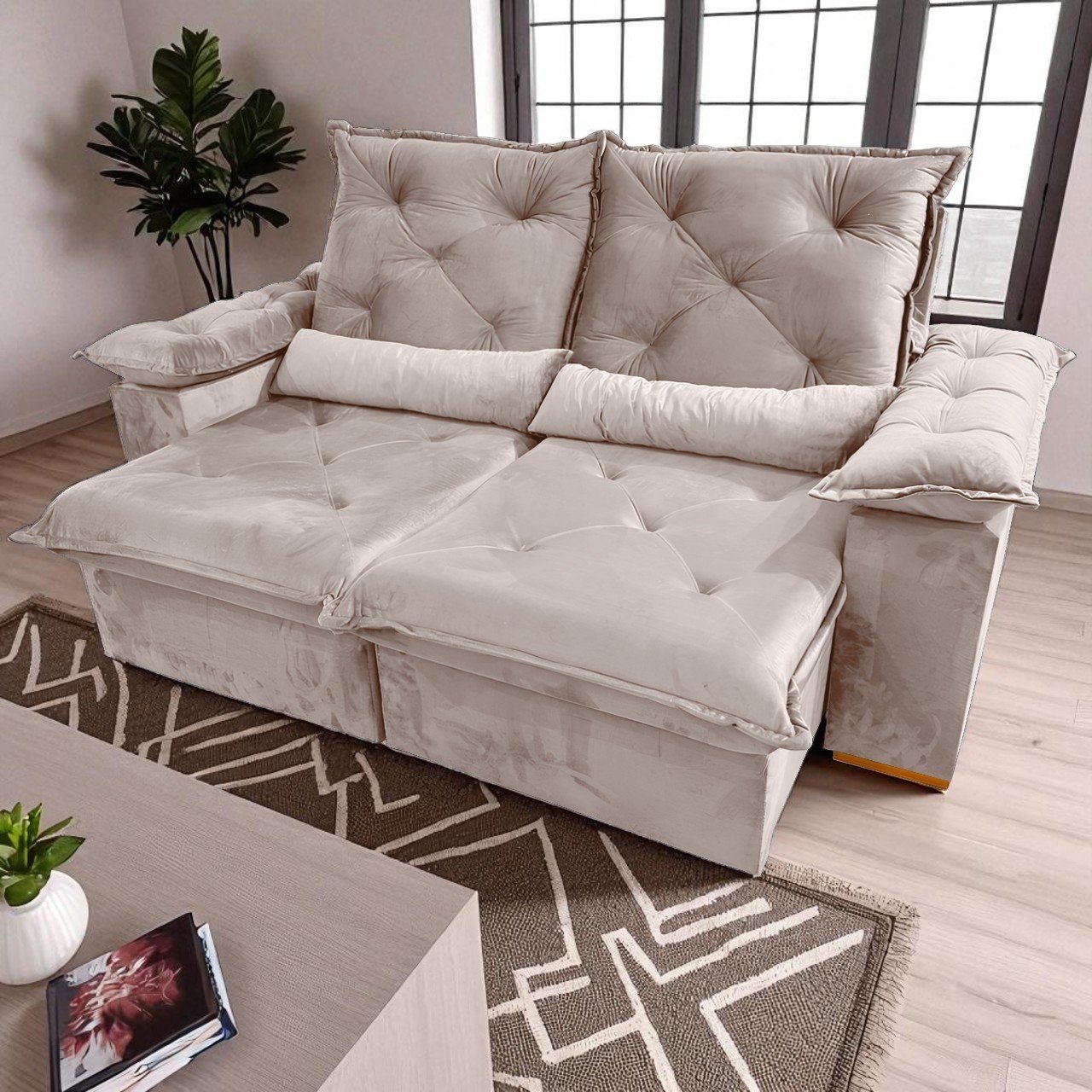 Sofá Retrátil e Reclinável Porto Madero 2,00 m Veludo Bege – IMPERIAL DECOR