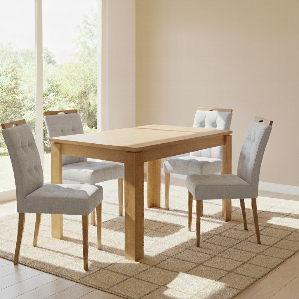 Mesa Athenas 120 Amêndoa Clean com 4 Cadeiras Sophia Linho Cinza Prata 206 – LOPAS