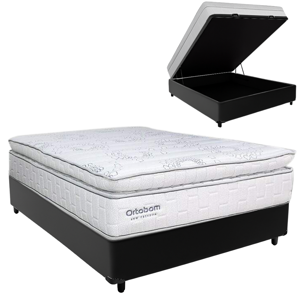 Colchão Casal New Freedom 32 cm D33 Molas Ensacadas + Base Baú Corino Preto – ORTOBOM + ALTO NÍVEL - Imagem 2