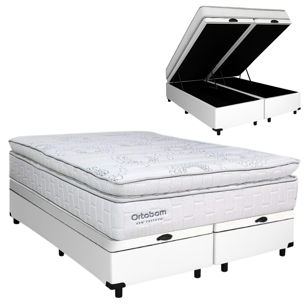 Colchão Queen New Freedom 32 cm D33 Molas Ensacadas + Base Baú Corino Branco – ORTOBOM + ALTO NÍVEL - Imagem 2